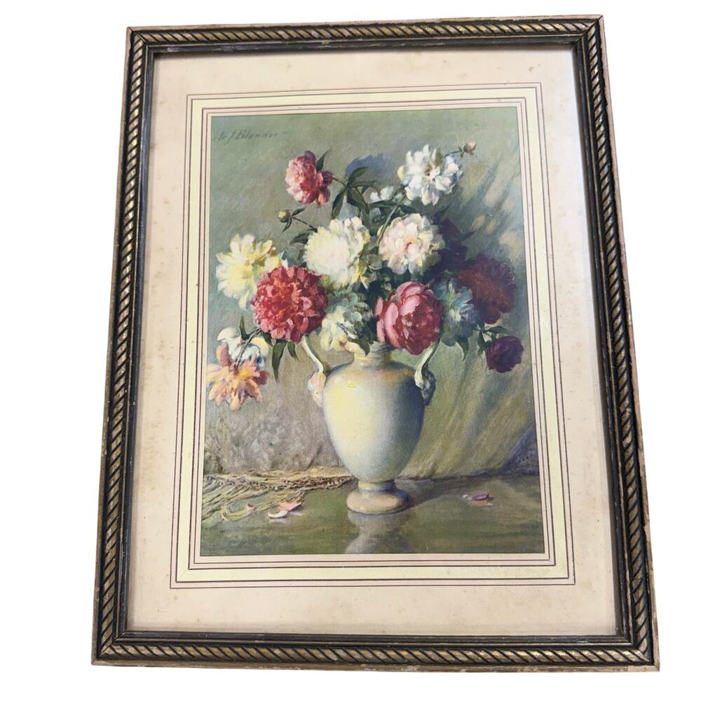 Vintage Wood Framed Floral Print Peonies In A Vase By Carle J. Blenner